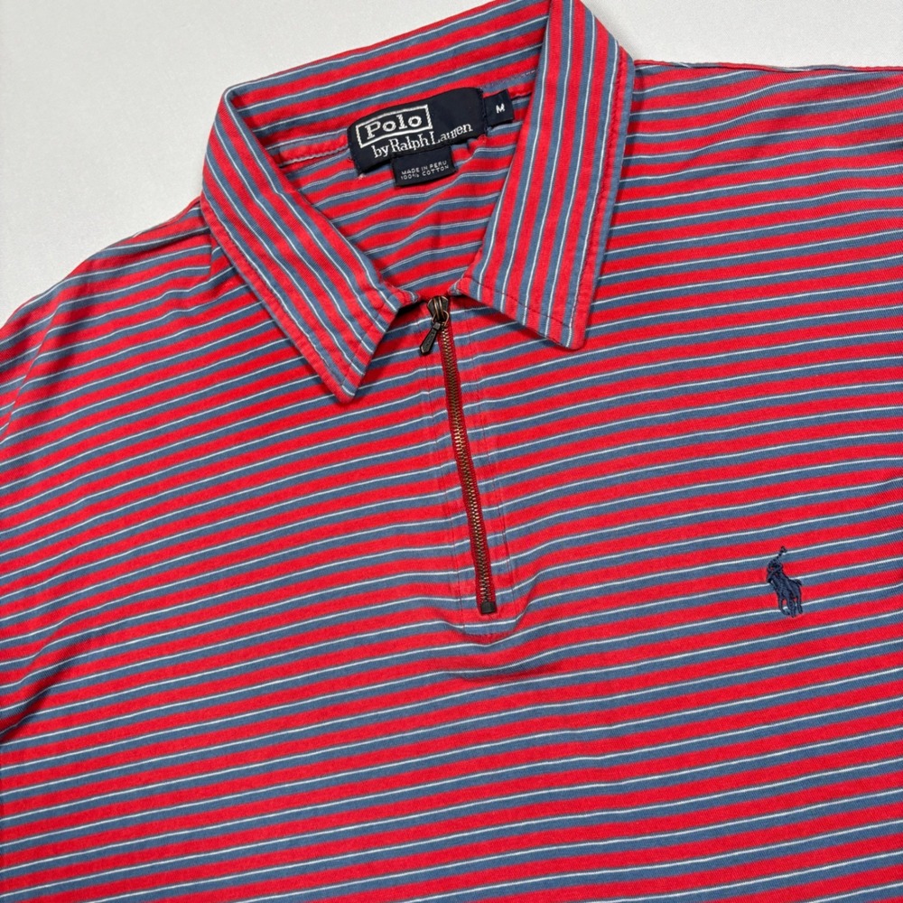 Polo‎ Ralph Lauren Paper Thin Quarter Zip Shirt Mens M Red Blue Striped Vintage